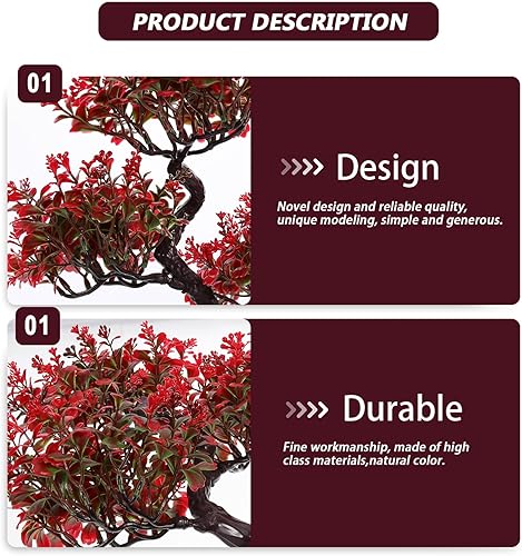 Miniatura 7 de EXCEART Planta de bonsái artificial, decoración en maceta de plástico rojo para escritorio, mesa de boda, centro de mesa, decoración del hogar y la