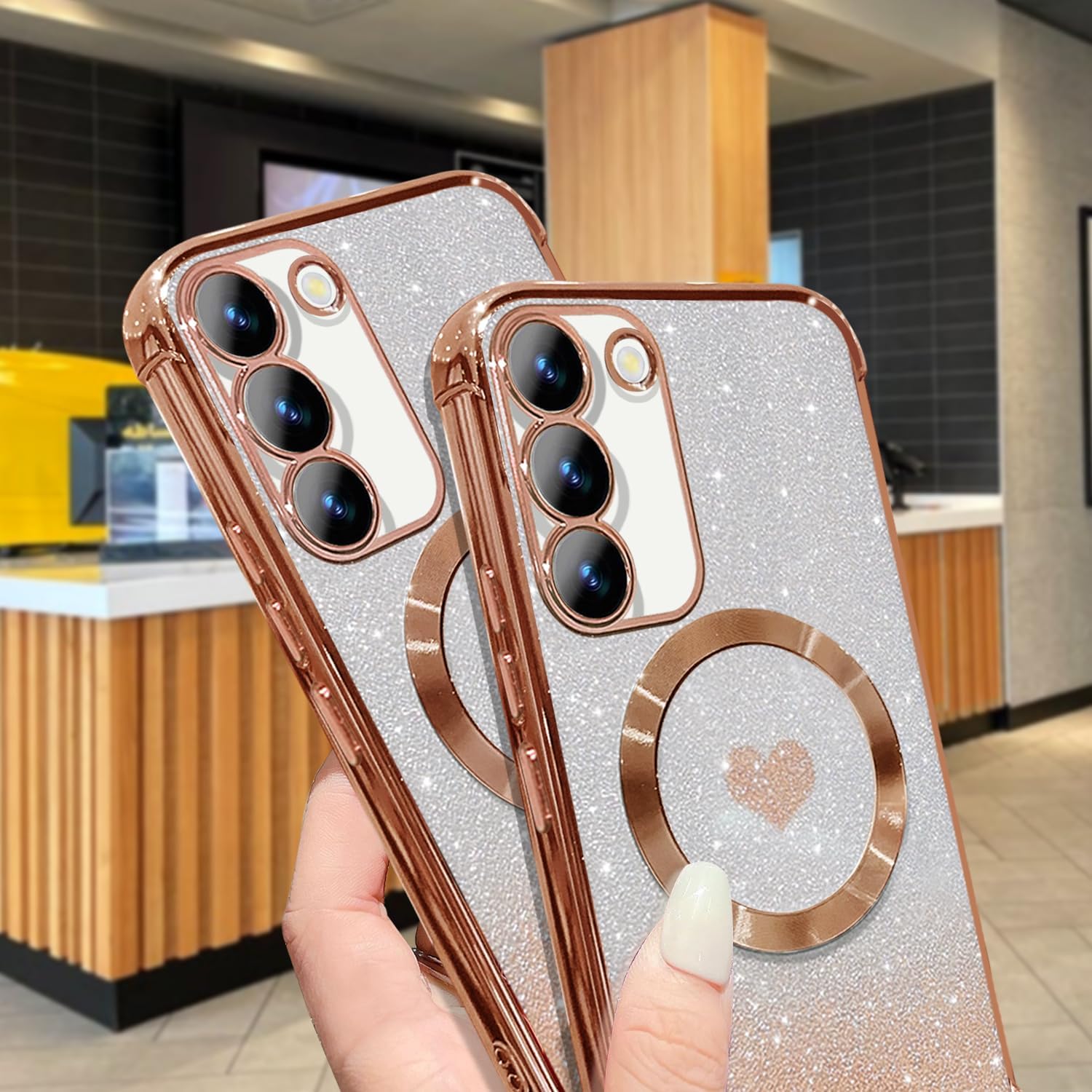 for Samsung Galaxy S23 Plus Case Magnetic,for Women Girl Soft Luxury Plating Bling Gradient Glitter Cute Heart Cover Compatible with MagSafe Clear Shockproof Protective Phone Case 6.6”-Gold - Image 4