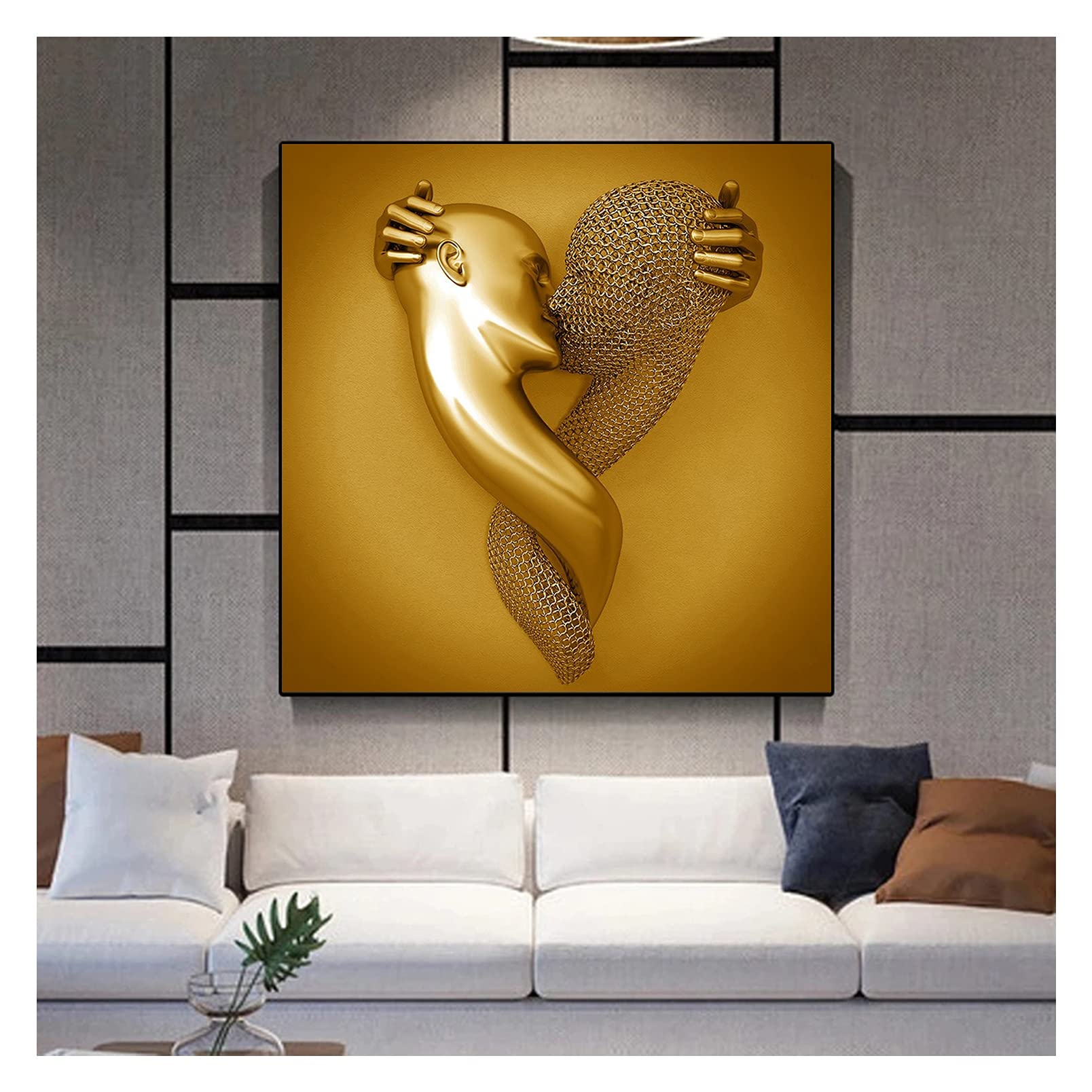 Love Heart 3D Wall Art, Love Heart Gray/Gold Art Wall Abstract Metal Figure Sculpture Canvas Painting Hanging Painting, ​Printing Core for Home Bedroom Decor, Valentine's Day Gift,Z,100x100cm(39.3in)