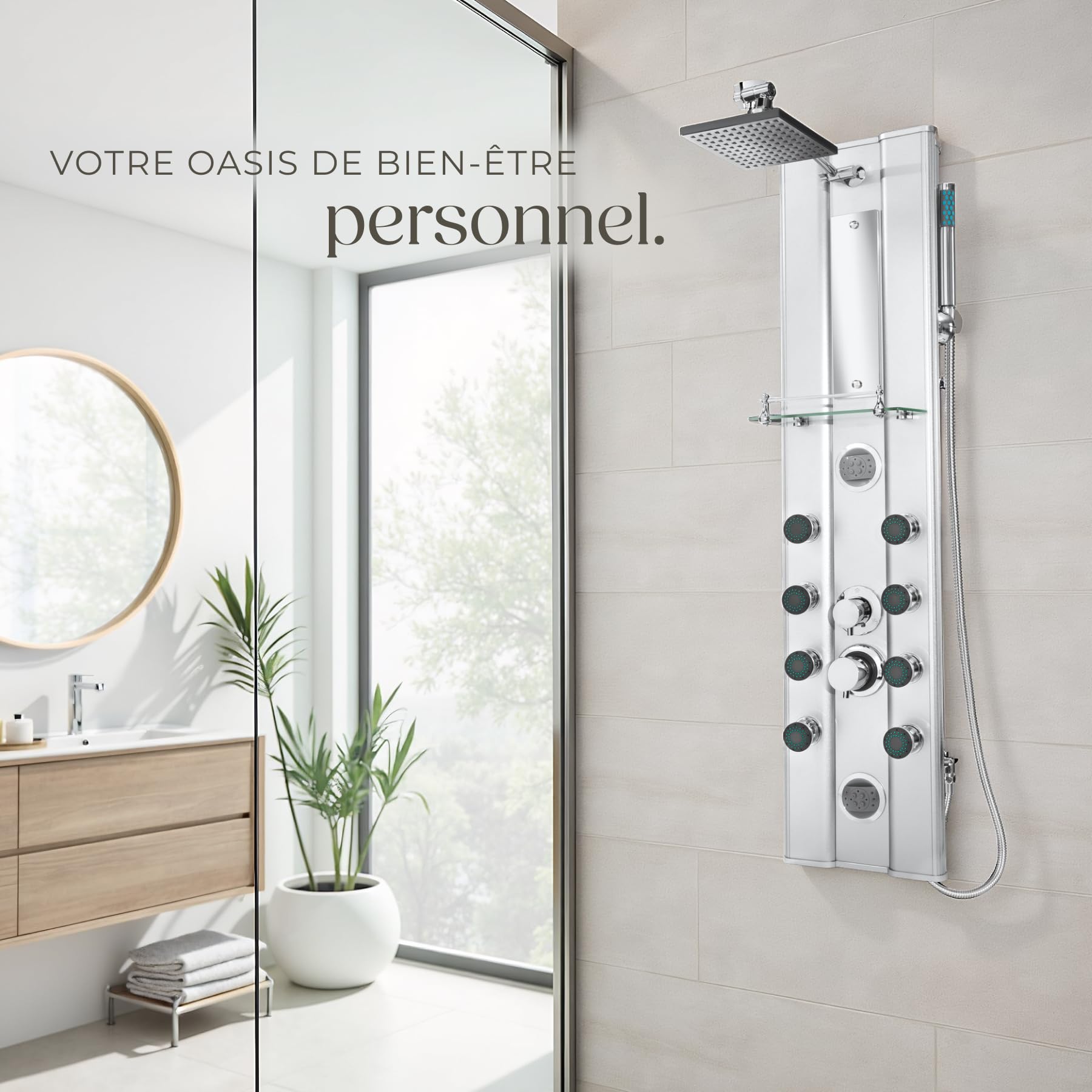 tectake® Colonne de douche 118 x 27 x 9,8 cm en Aluminium, Colonne de douche hydromassante 10 jets massage, Pommeau de douche effet pluie, Douchette, Anti calcaire, Mitigeur, Miroir, Salle de bain