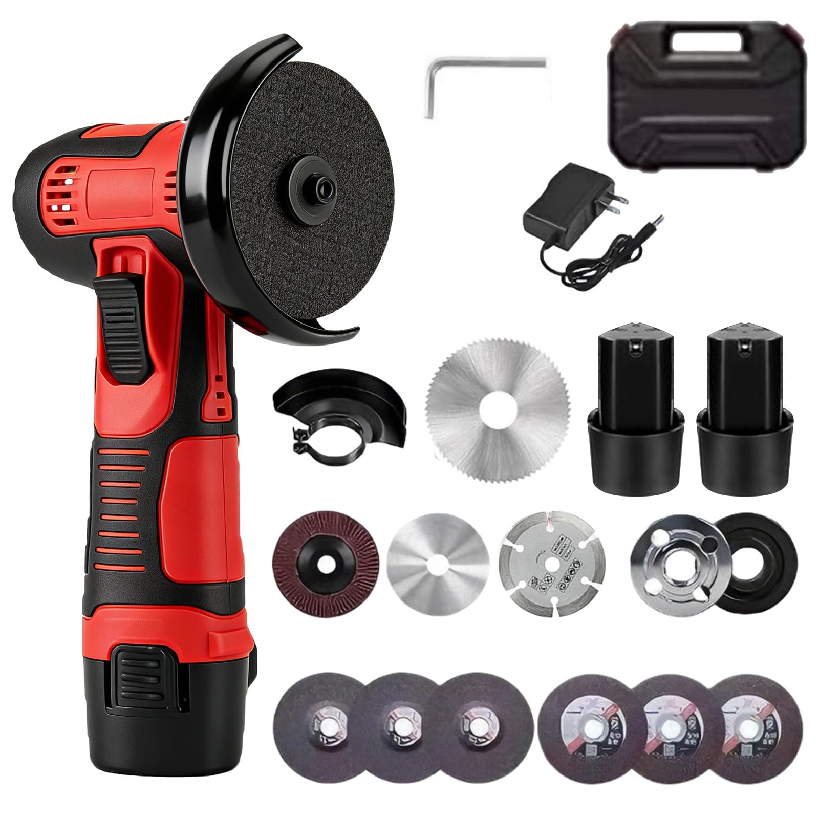Mini meuleuse d'angle avec 2 batteries de 1200 mAh, meuleuse d'angle professionnelle sans fil, meuleuse d'angle avec 6 disques à tronçonner, pour couper, polir, poncer et dérouiller
