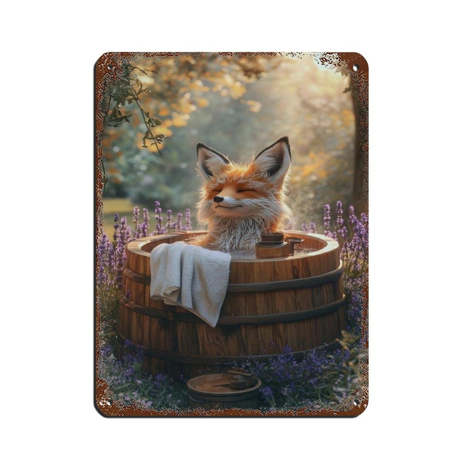 Relaxing Fox in Wooden Tub Poster Retro Poster Metal Tin Sign Chic Art Retro Iron Painting Bar People Cave Cafe Family Garage Poster Wall Decoration 12x16inch(30x40cm)