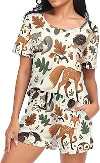 Womens Pajama Sets Short Sleeve Forest Animals Fox Deer Hedgehog 2 Piece Lounge Set