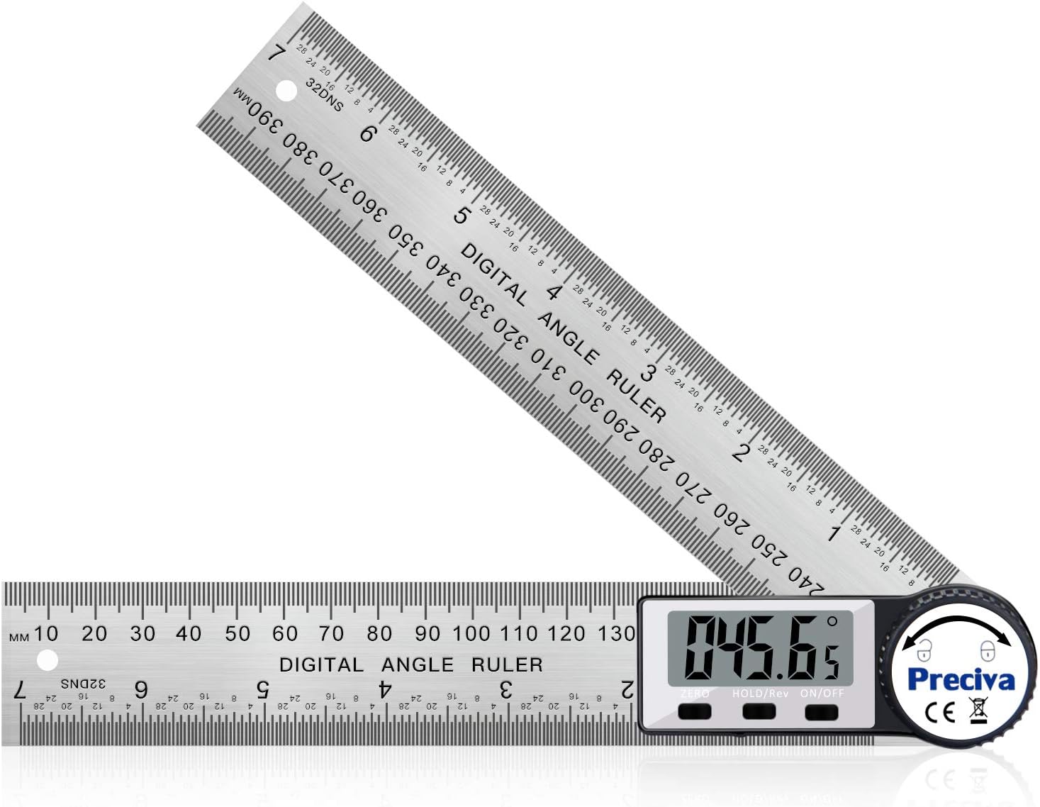 Angle Ruler, Preciva Digital Angles Finder Rule Protractor, 400mm Length Measure with LCD Display, Stainless Steel Woodworking Detector, Hold/Rev, Mm/Inch for Construction (Silver)