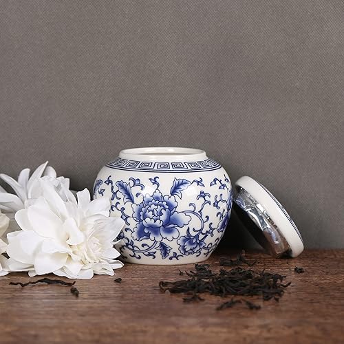 Miniatura 4 de XINGYAN Tarro de jengibre pequeño de cerámica de porcelana china tradicional azul y blanca con tapa, para almacenamiento de té, decoración del