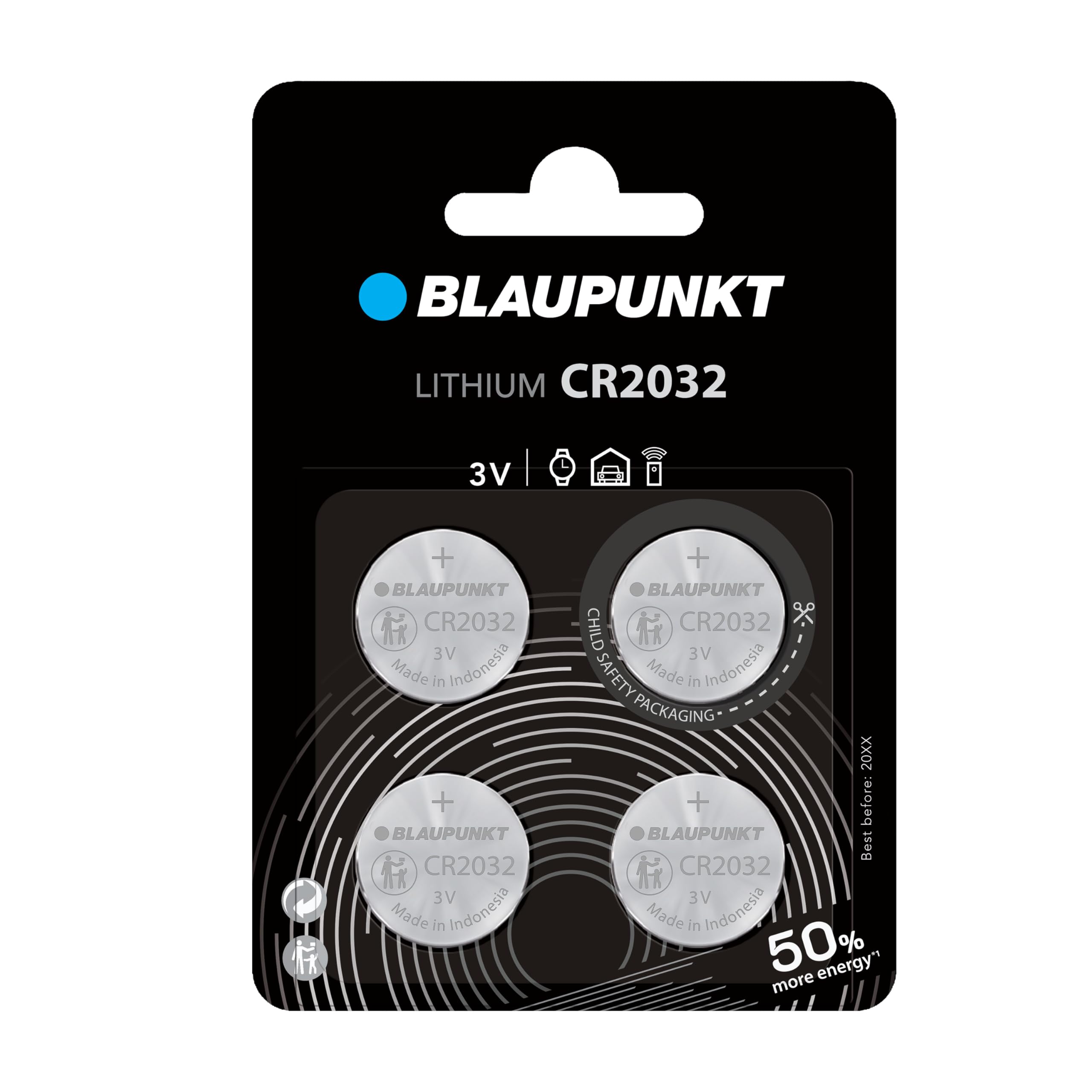 BLAUPUNKT CR2032 Batterie al Litio a Bottone, Confezione da 4, per l'Orologio da Polso, la Chiave della Porta del Garage o la Chiave Wireless, CR2032BL/4BP