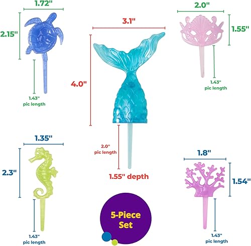 Miniatura 3 de DecoSet - Decoración mística para pastel de sirena, 5 piezas con cola de sirena, tortuga, caballito de mar, coral y corona, adorno inspirado en el