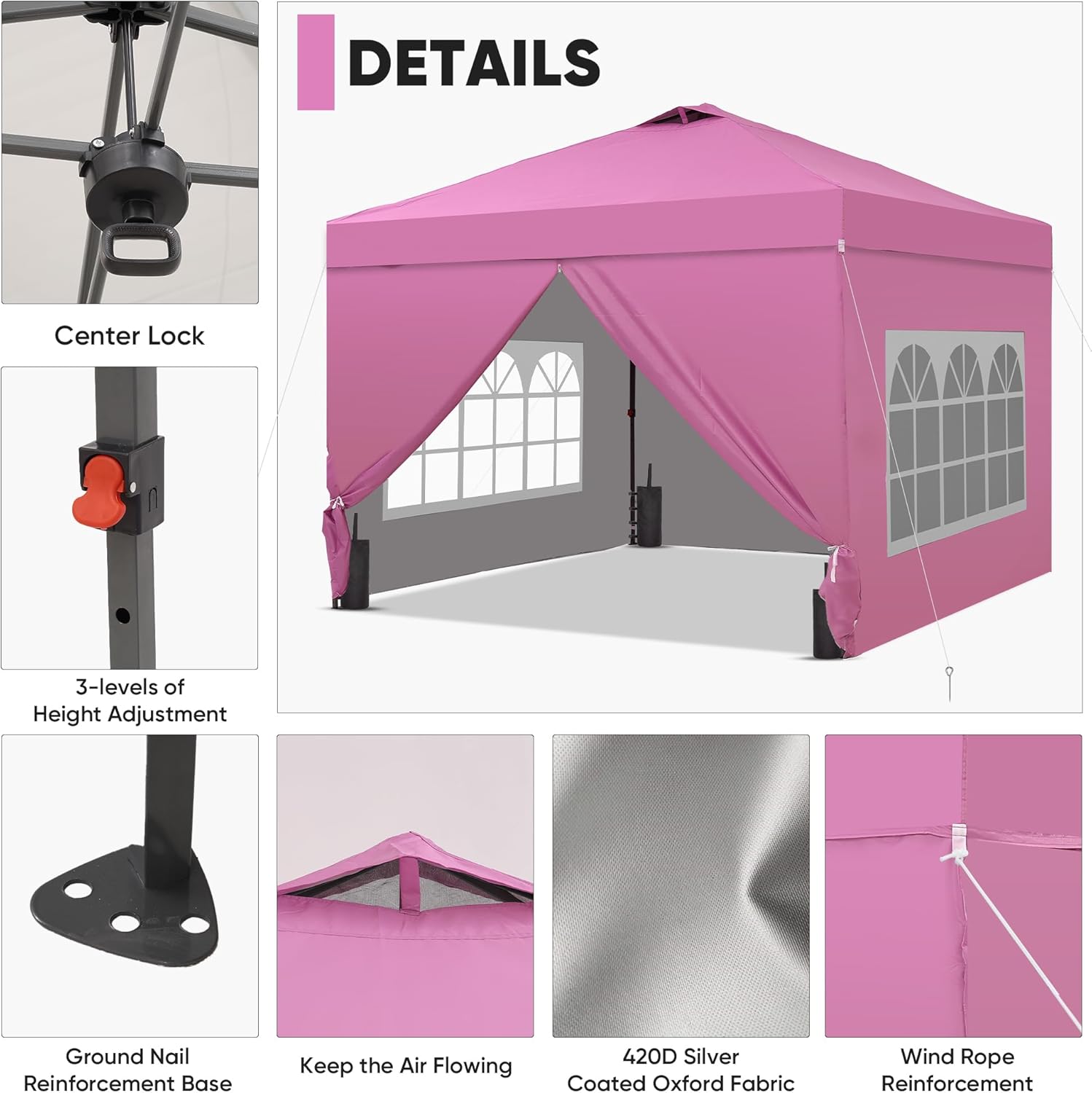 GDY 10x10 Pop Up Canopy Tent with 4 Sidewalls, Easy Set up with One Push Lift Outdoor Silver Coated Beach Gazebos, Carpas with 4 Sandbags, for Outdoor, Parties,Camping, Pink.