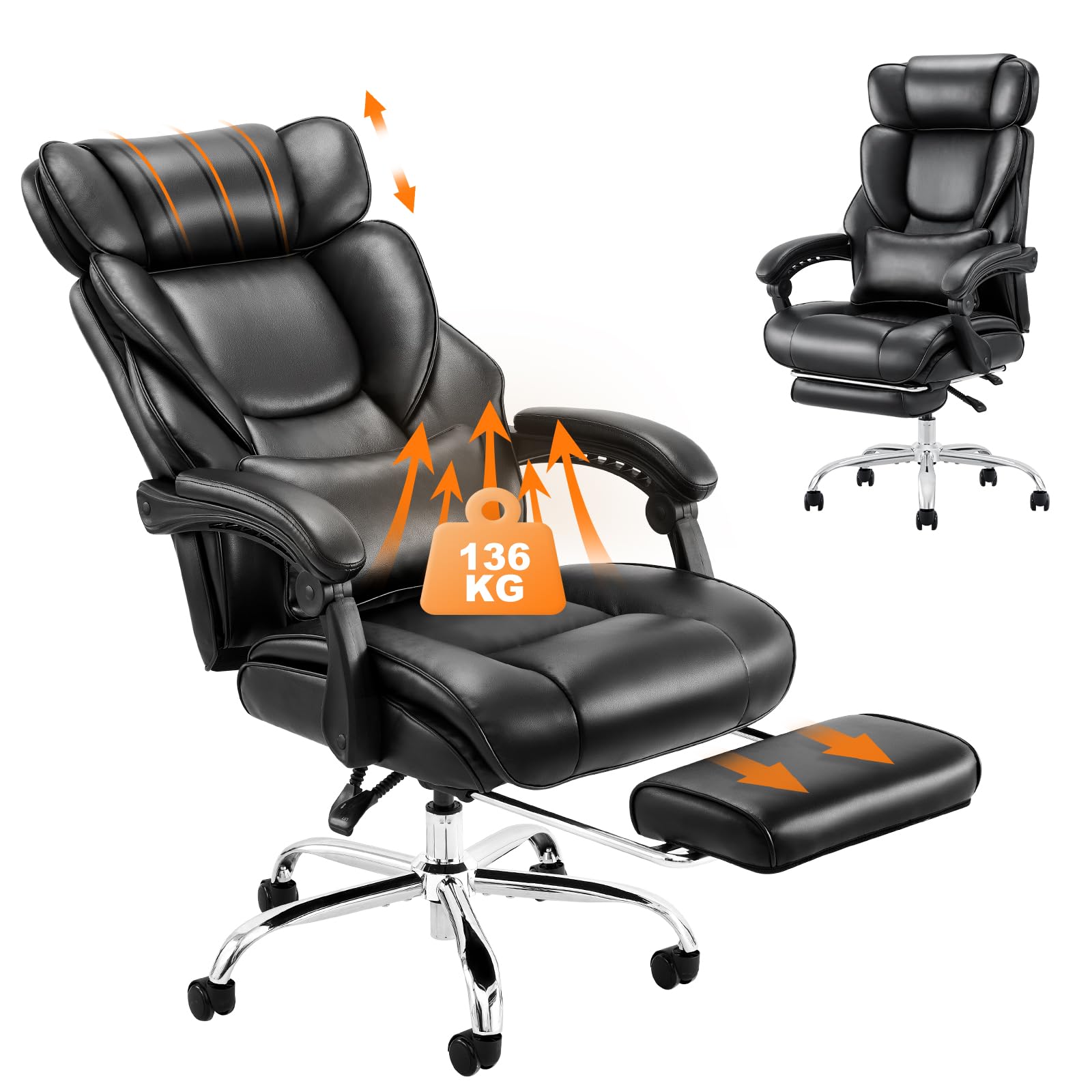 COLAMY Bürostuhl Leder mit Fußstütze, Ergonomischer Chefsessel für Homeoffice – Hohe Rückenlehne, 90–135° Neigefunktion, Gepolsterte Armlehnen, Office Chair mit Lendenkissen, Schwarz
