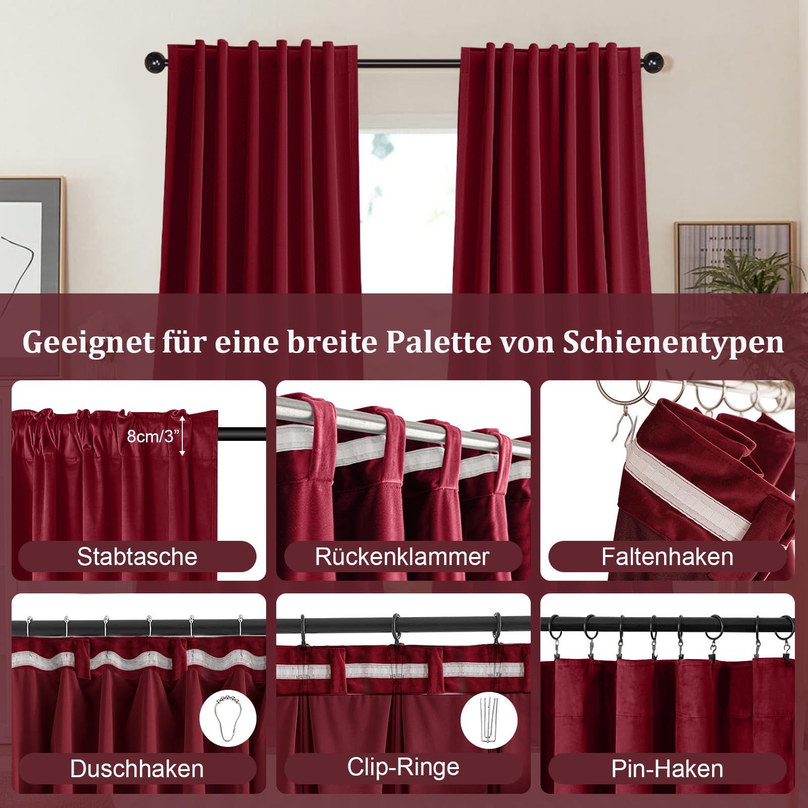 Tende a pannello in velluto 2 pezzi, altezza 274 x larghezza 134 cm, rosso natalizio