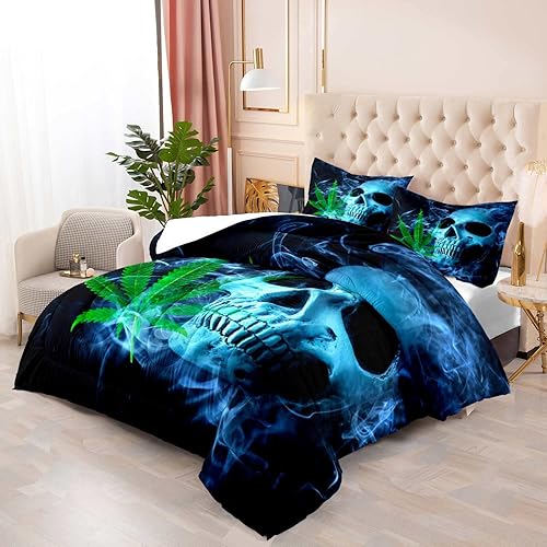Miniatura 3 de LUVIVIHOME Juego de edredón de 3 piezas de calavera azul, tamaño King, juego de ropa de cama gótico de esqueleto 3D de terror, colcha negra de