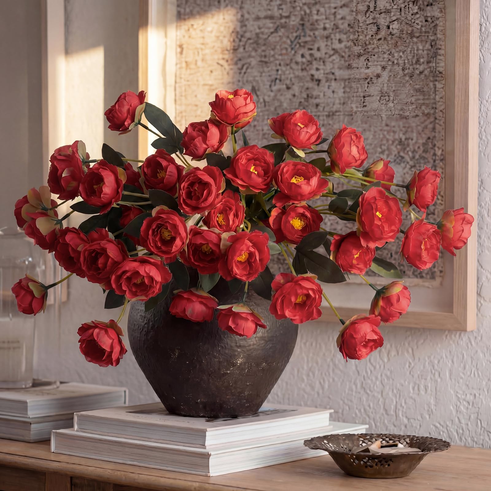 Photo 1 of Craftsatin 12 Pcs Artificial Peonies Stems Flowers 32", Real Look Large Faux Silk Peony Bouquet 84 Heads Total for Vase Filler, Farmhouse & Rustic Home Decor, Realistic Wedding Centerpieces -Red