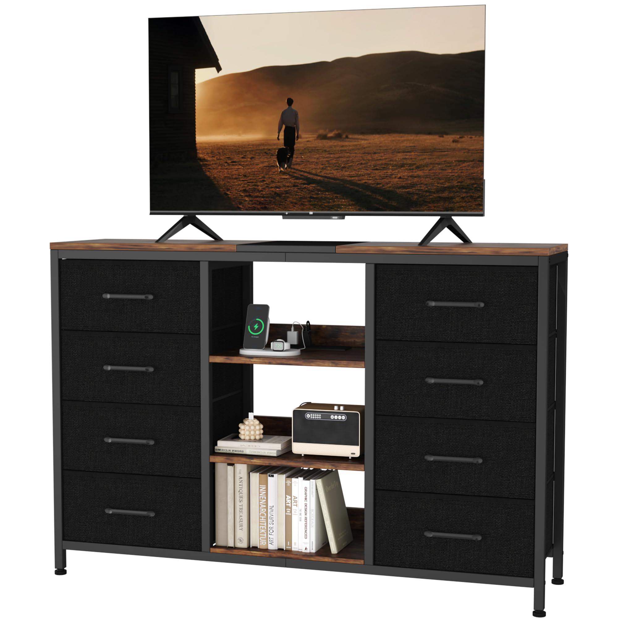 HOMEFORT Dresser for Bedroom,Dressers Bedroom Furniture, Dresser TV Stand with Power Outlet, Chest of Drawers with Open Shelf for Closet, Bedroom, Living Room, Hallway, Nursery