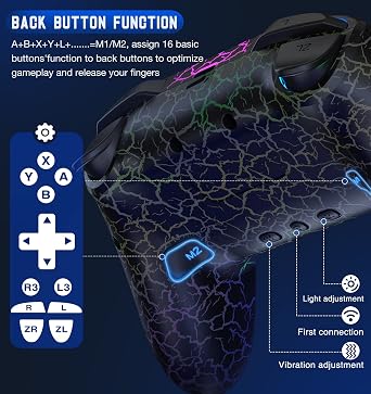 Gammeefy Switch Controller, Wireless Switch Pro Controller for Nintendo Switch/Switch 2/Lite/OLED, 9 Color Adjustable LED Switch Remote Compatible with PC/Android/IOS with Programmable Function