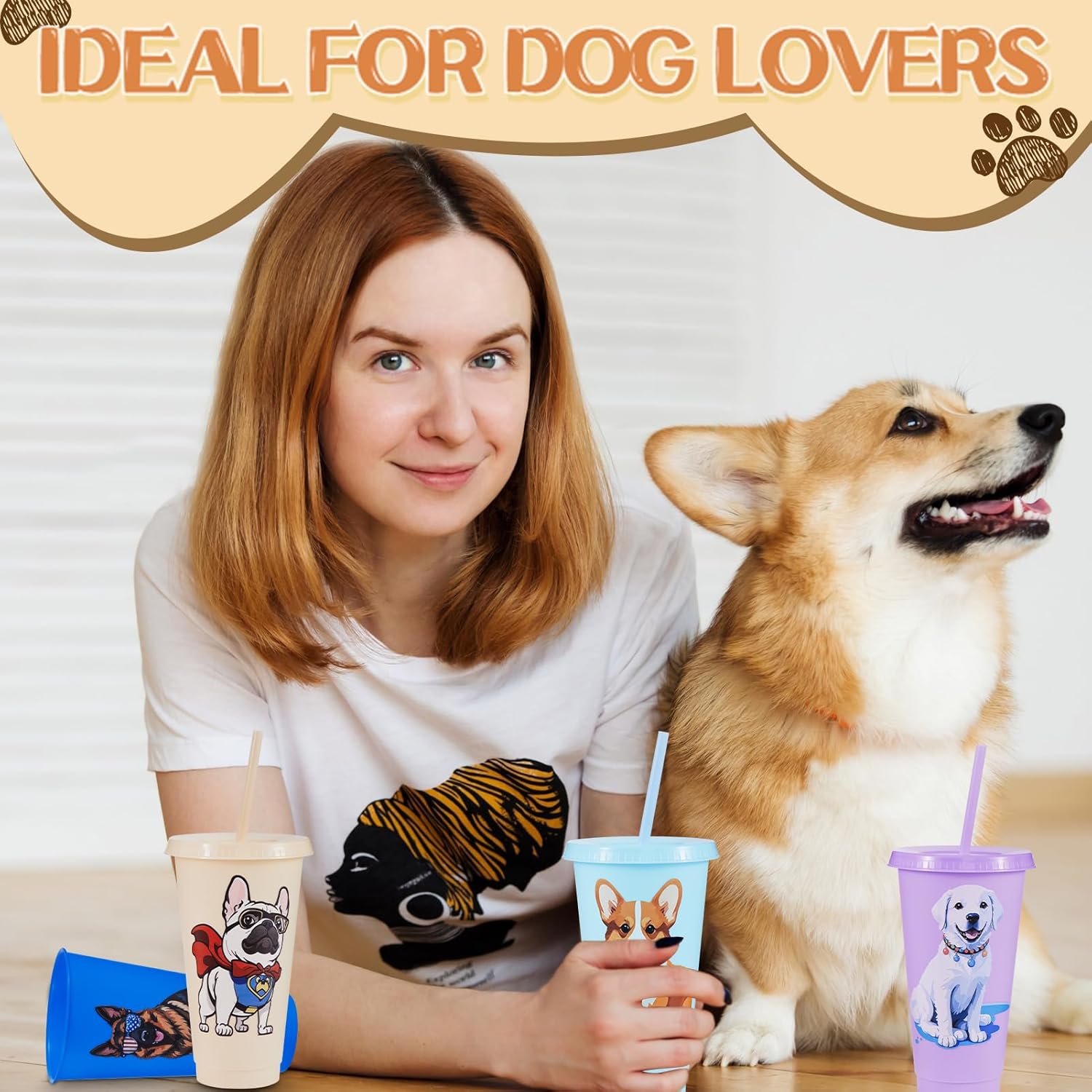15 Pcs Dog Party Favors Cups with Lids and Straws, 24 oz Plastic Drink Cups Reusable Bulk Cute Dog Tumblers for Puppies Theme Party Supplies Birthday Party Gifts - Image 5