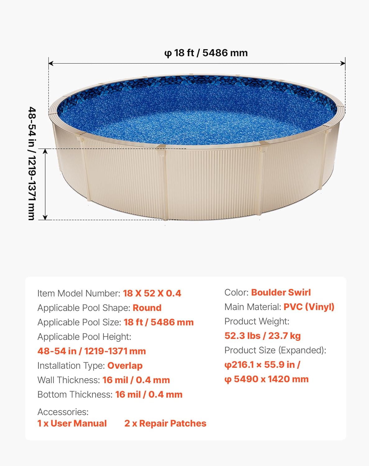VEVOR 18-ft Round Above Ground Pool Liner, Overlap Pool Liners, Thickend Upgraded Gauge Vinyl, 48-to-54inch Wall Height, Designed for Steel Sided Above-Ground Swimming Pools
