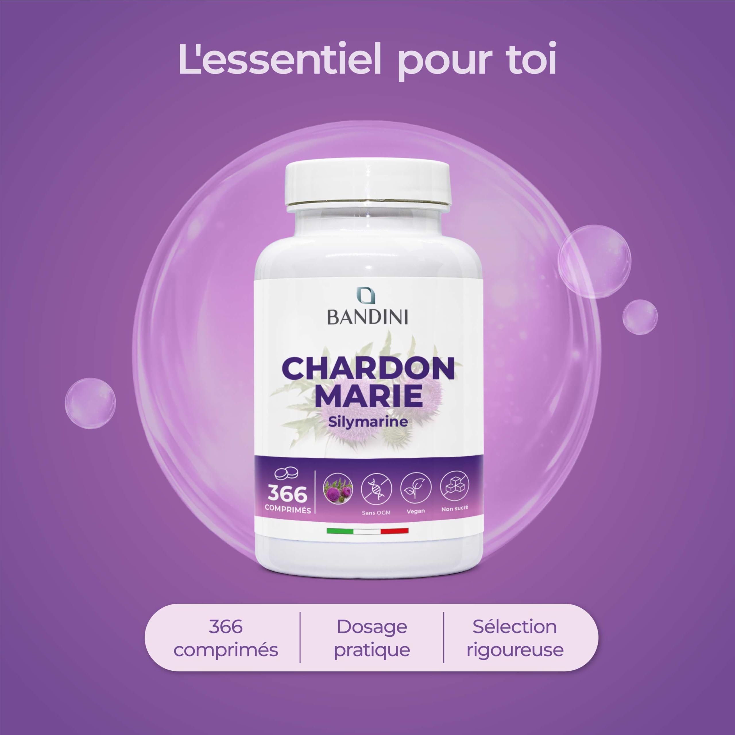 Bandini® Chardon-Marie 366 comprimés de 300mg | 1200 mg/jour, Extra Fort | Supplément alimentaire à base de silymarine | Régénérant Foie, Protection, Détox et Digestion | Naturel et 100% Végétalien