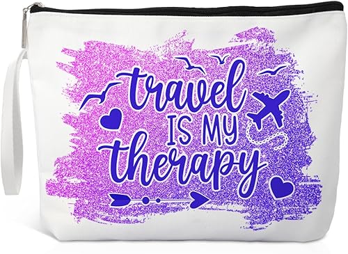 Travel Is My Therapy - Bolsa de maquillaje divertida para viajeros, regalos de viaje para mujeres, regalos de agente de viajes para amigos, bolsa de