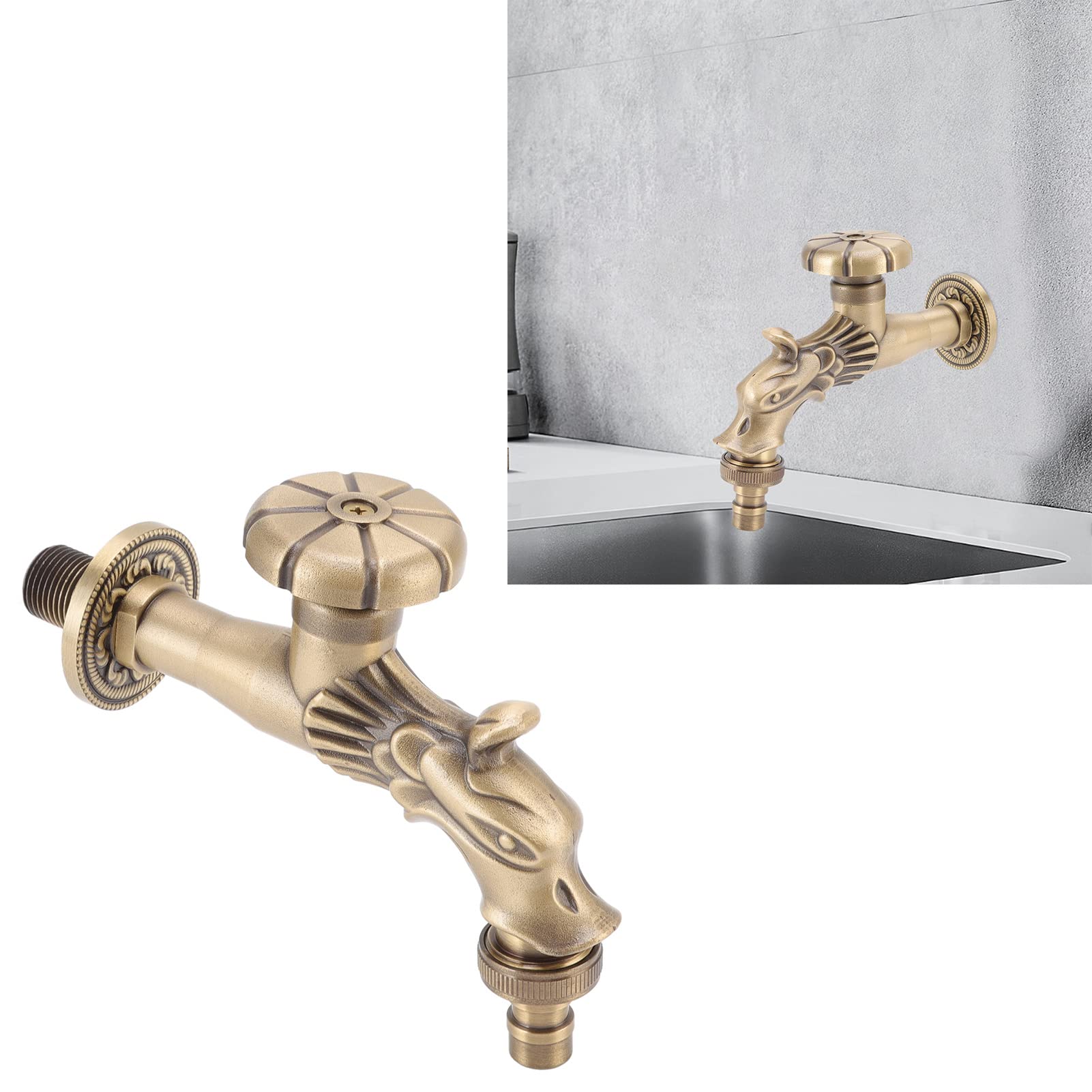 Grifo de agua de latón, Grifo vintage grabado montado en la pared G1/2 para baño y cocina, Fácil instalación, Material de cobre, Grifo de fregadero para jardín y lavandería
