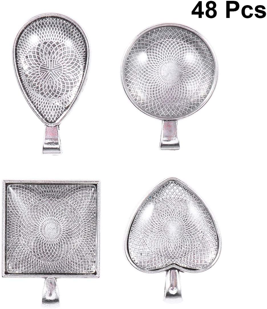 HEALLILY Gem Tray Set 48Pcs Silver Pendant Bezel Trays with Dome Glass Cabochons for Jewellery Making DIY Craft Accessories - Image 3