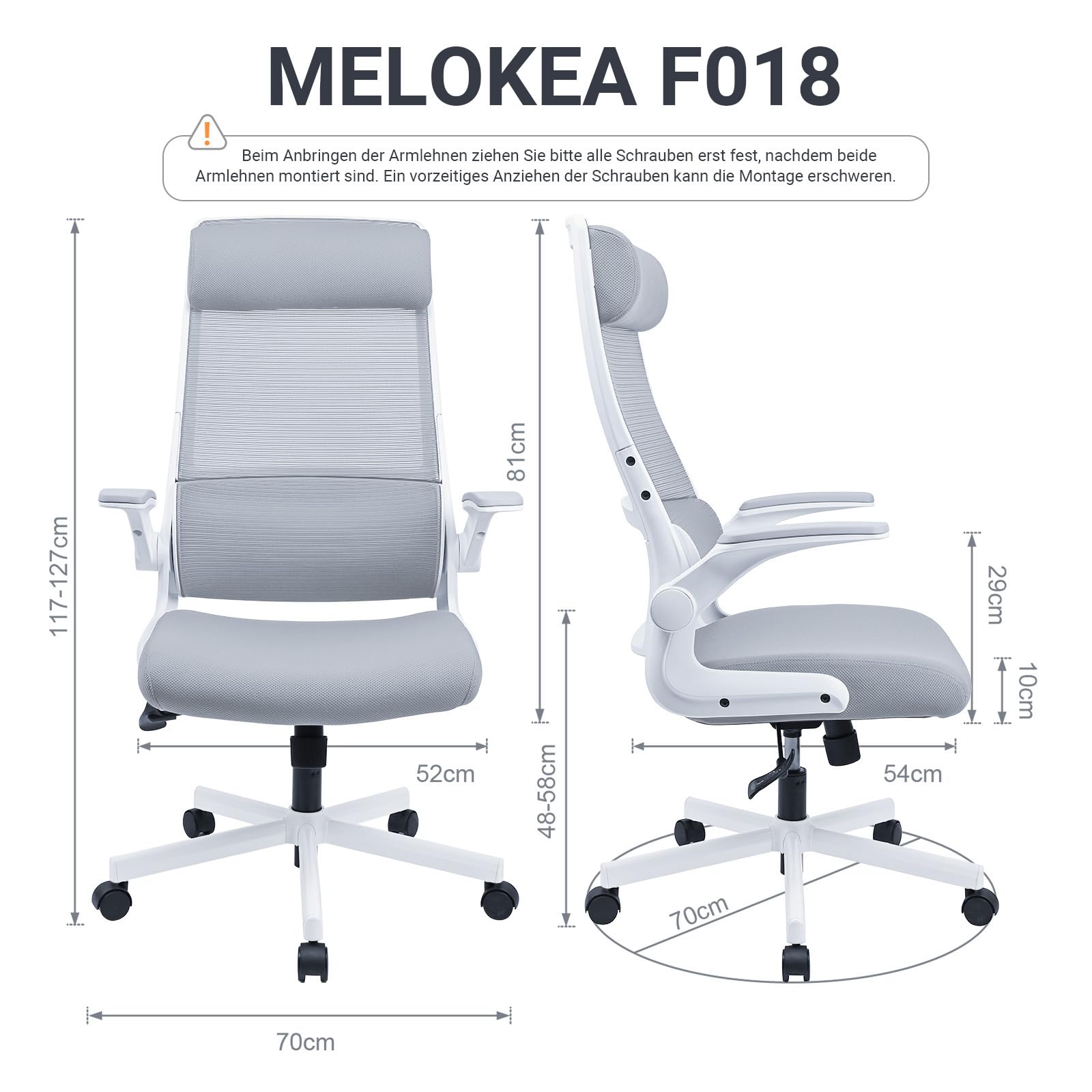 MELOKEA Bürostuhl Ergonomisch mit Verstellbare Kopfstütze, Schreibtischstuhl aus Mesh, Klappbare Armlehnen, Breites Sitzkissen, Wippfunktion, EN 1335 Computerstuhl, Bürostuhl 200 KG, Desk Chair, Grau