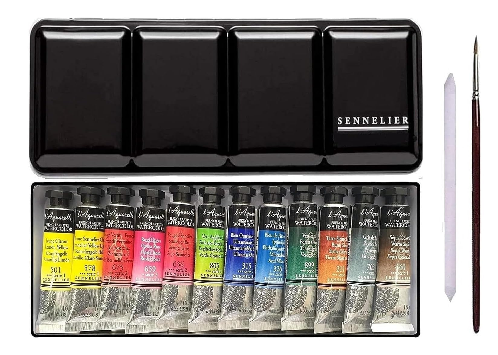 Sennelier Water Color Extra-Fines, 12 tubek po 10 ml, metalowe pudełko, ze szczotką i smugą