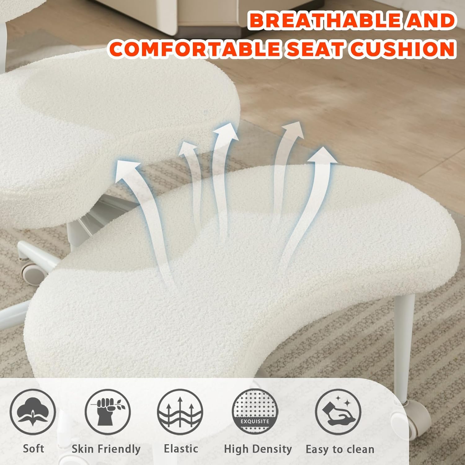 Ergonomic Cross Legged Office Chair with Wheels, Meditation Chair Plus, Lumbar Support, Adjustable Height, for Yoga, ADHD, Home & Office (Ivory-Teddy)