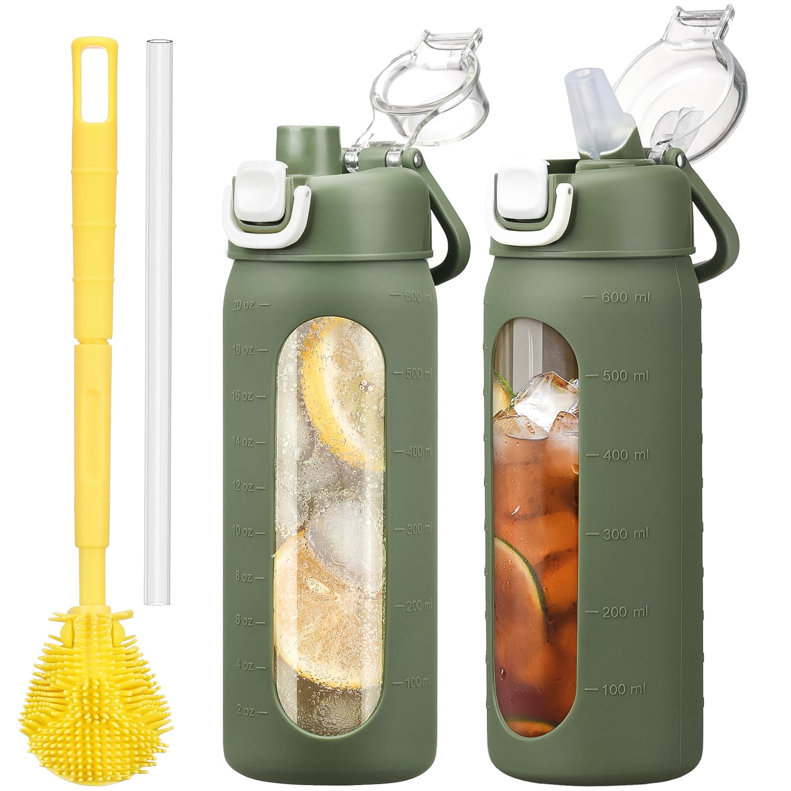 HYDRAGLAZIC 600ml Glass Water Bottle with Straw Reusable Water Bottle with Non-Slip Silicone Sleeve Wide Mouth Leak-Proof for Coffee, Tea and Water,BPA-free, Dishwasher Safe,Olive