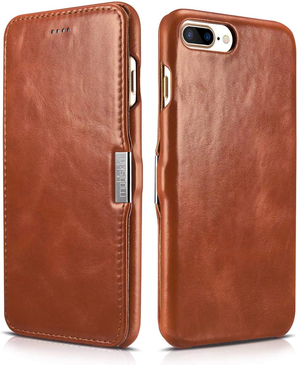Mobiskin case compatible with Apple iPhone 8 PLUS and iPhone 7 PLUS (5.5 inch), cover with genuine leather, book-style protective phone case, ultra-slim folio, thin wallet, brown vintage