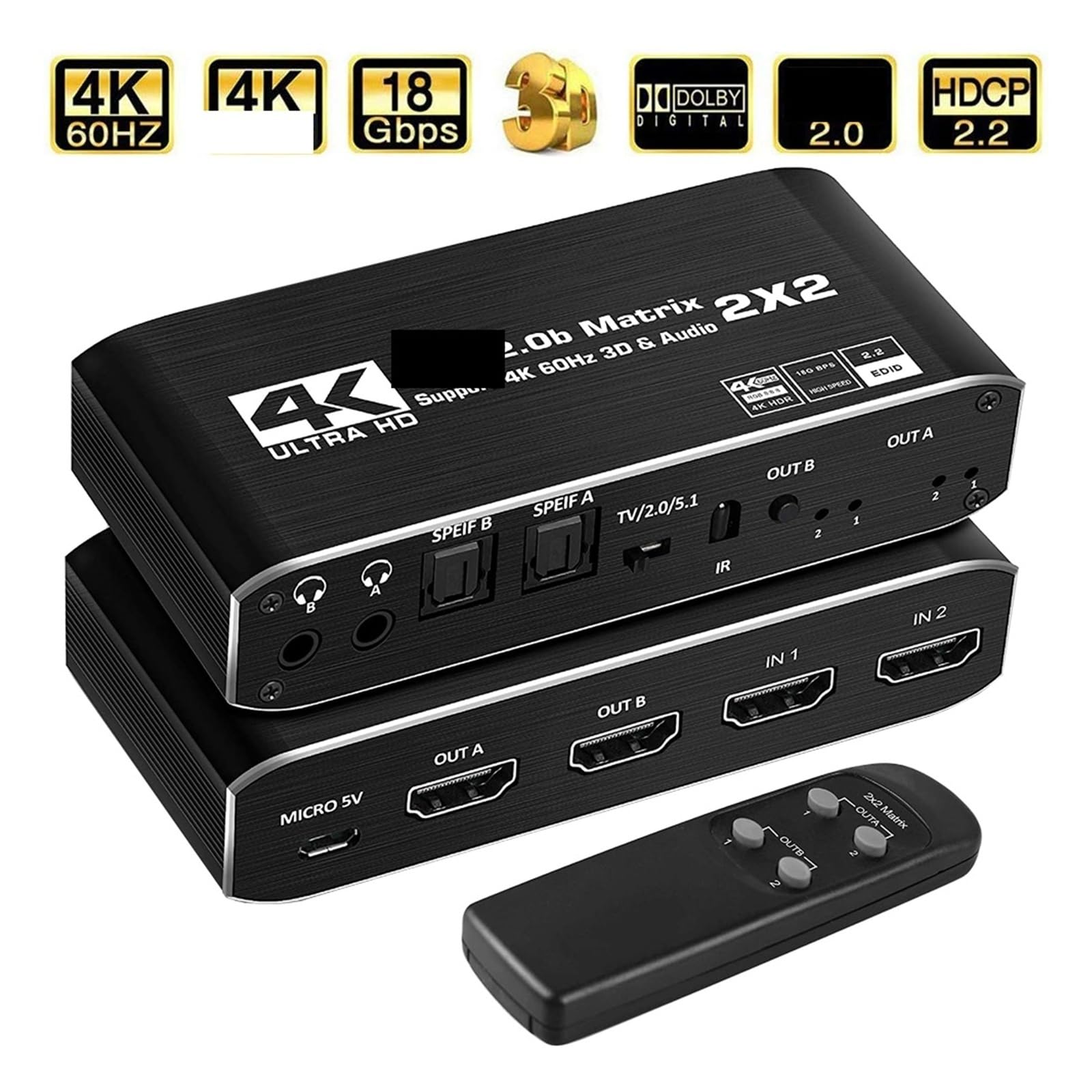 Divisor de Matriz 2x2 con SPDIF y Conector L/R 3,5 mm Compatible Switch 4x2. Compatible HDCP 2., 3D, 4K a 60 Hz for PS5(ZY-HM22A)