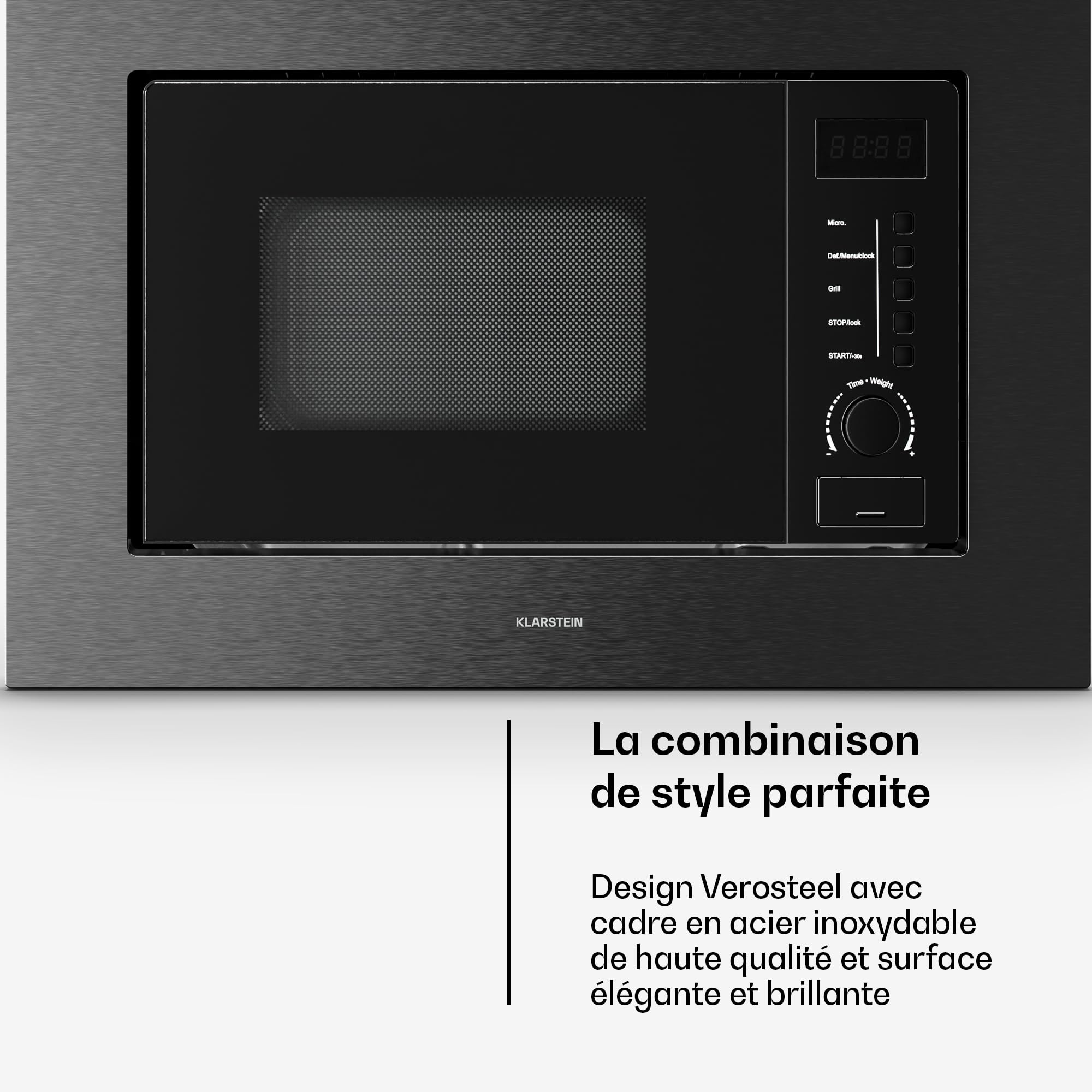 Klarstein Verosteel Micro Onde Encastrable avec Grill – 20L, 700W, 8 Programmes, Commande Tactile, Acier Inox, Plateau Verre, Four Micro Ondes Encastrable, Acier Inoxydable Noir