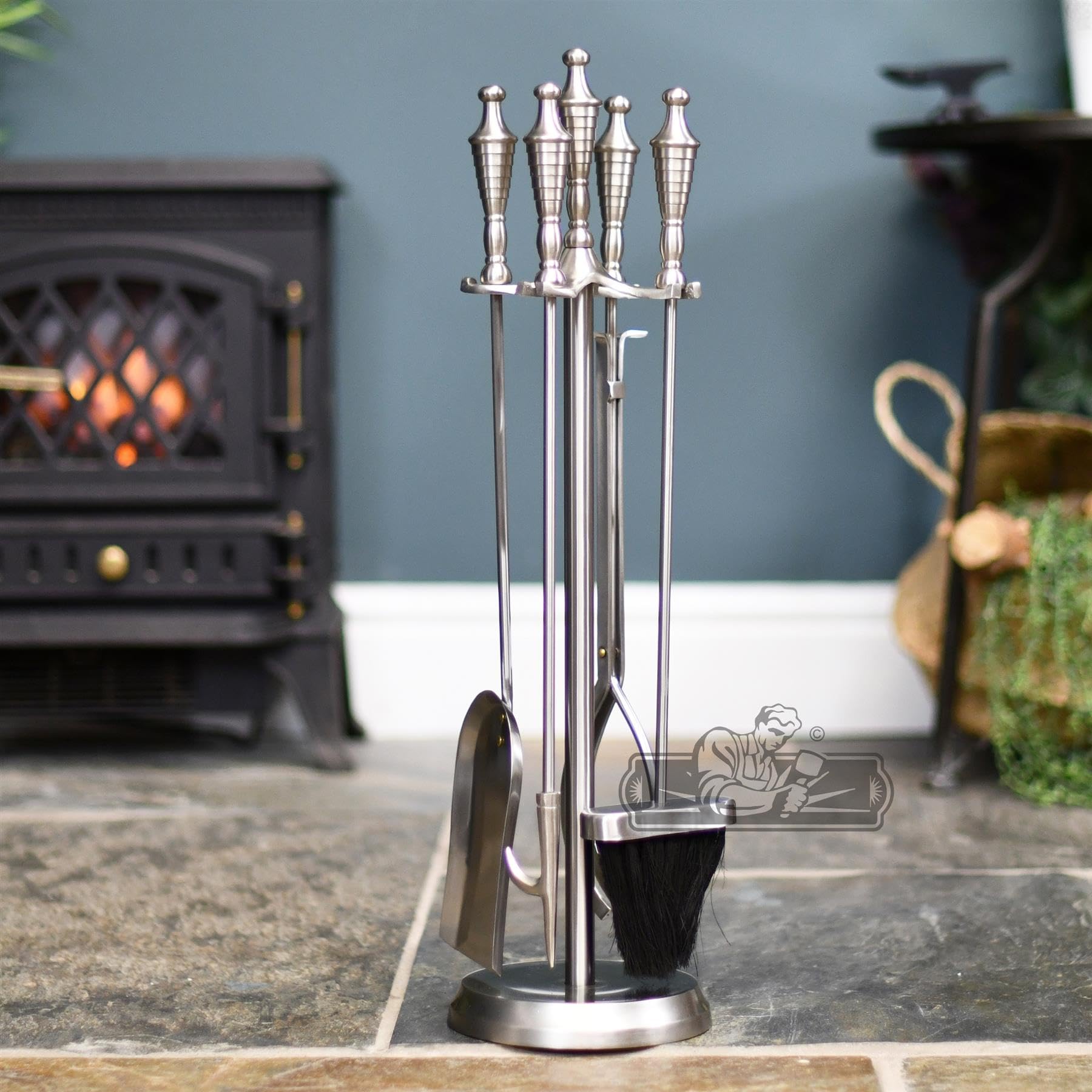 Matte Pewter Fireplace Accessories Companion Set with Urn Handles 64cm - Fireside Tools with Poker, Tongs, Brush - Elegant and Functional Fireside Companion Set for Home Decor