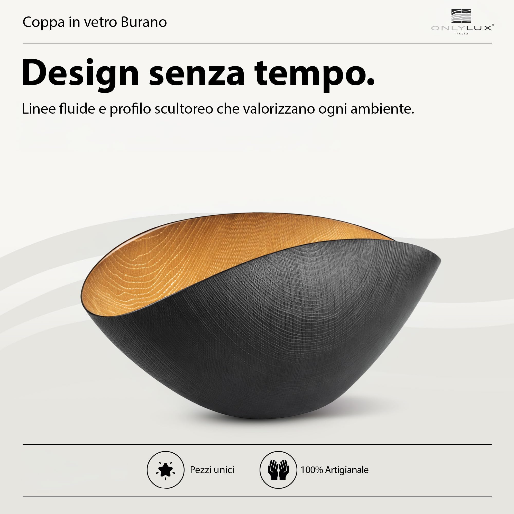 Onlylux Coppa Burano in Vetro Centrifugato Decorato a Mano - Centrotavola Decorativo 28 x 9,5 cm - Coppa in Vetro Artigianale per Arredo Casa - Nero Mat Oro