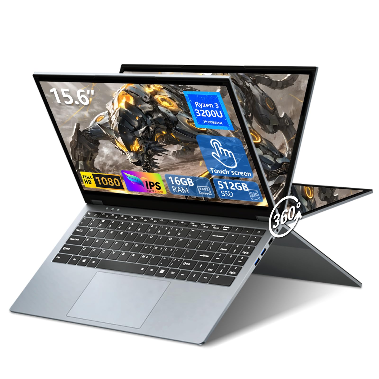 15,6 Pollici Portatile PC 2 in 1, Ryzen 3 3200U CPU, Notebook 16 GB RAM SSD 512 GB, Laptop con display IPS 1920x1080, RJ45, Type-C, USB 3.0, ultra sottile e leggero Computer portatile