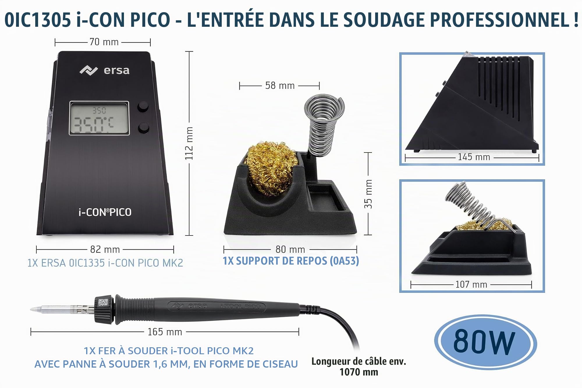 ERSA i-CON PICO MK2 Station de soudage numérique 80 W 150-450 °C avec fer à souder i-TOOL PICO MK2 léger et ergonomique avec changement TIP`N TURN + Panne à souder de 1,6 mm avec veille automatique