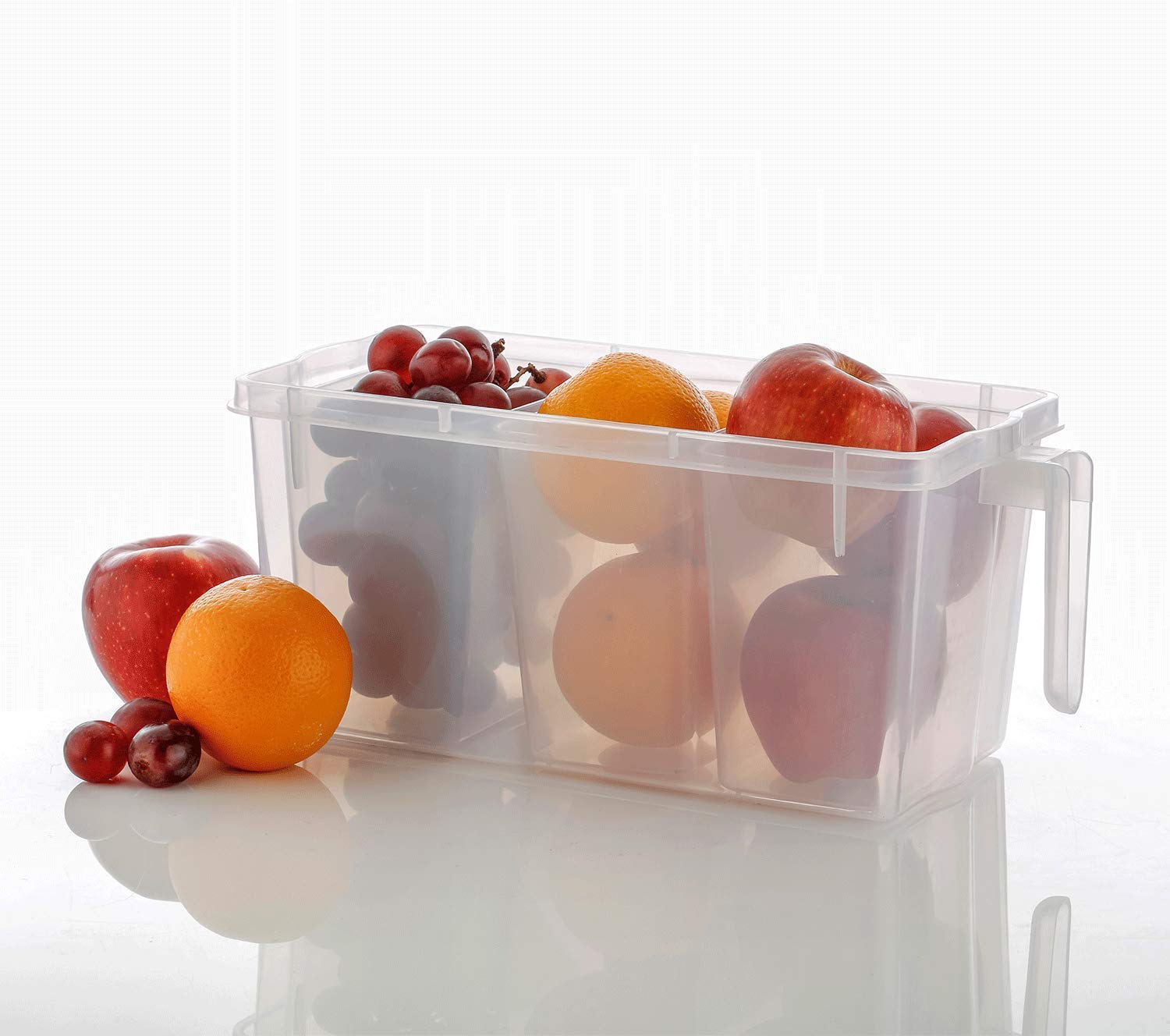 Xiran Plastic 3 Part Refrigerator Fruit & Vegetable Basket Organizer Container Plastic Square Handle Food Storage Organizer Boxes, Clear with Lid, Handle and 3 Smaller Bins (Basket Box 3 In 1)