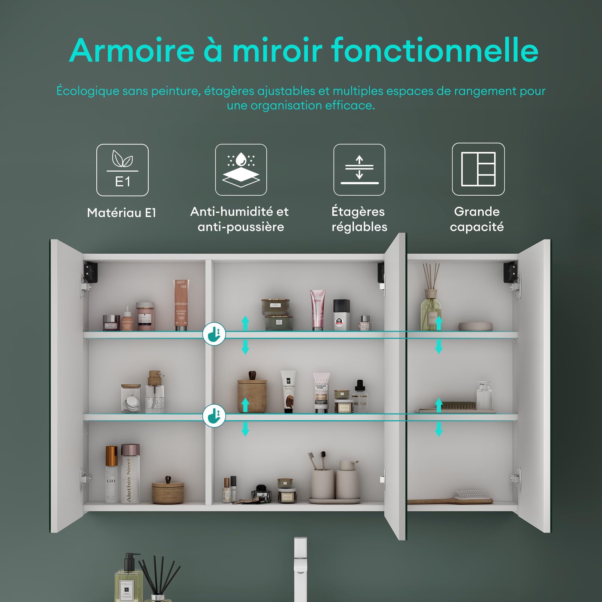 Mai & Mai Armoire Suspendue de Salle de Bain avec Miroir Armoire de Toilette Meuble Murale Miroir avec 3 Portes 120x15x70 cm Blanc Mat SpiegelSR-02