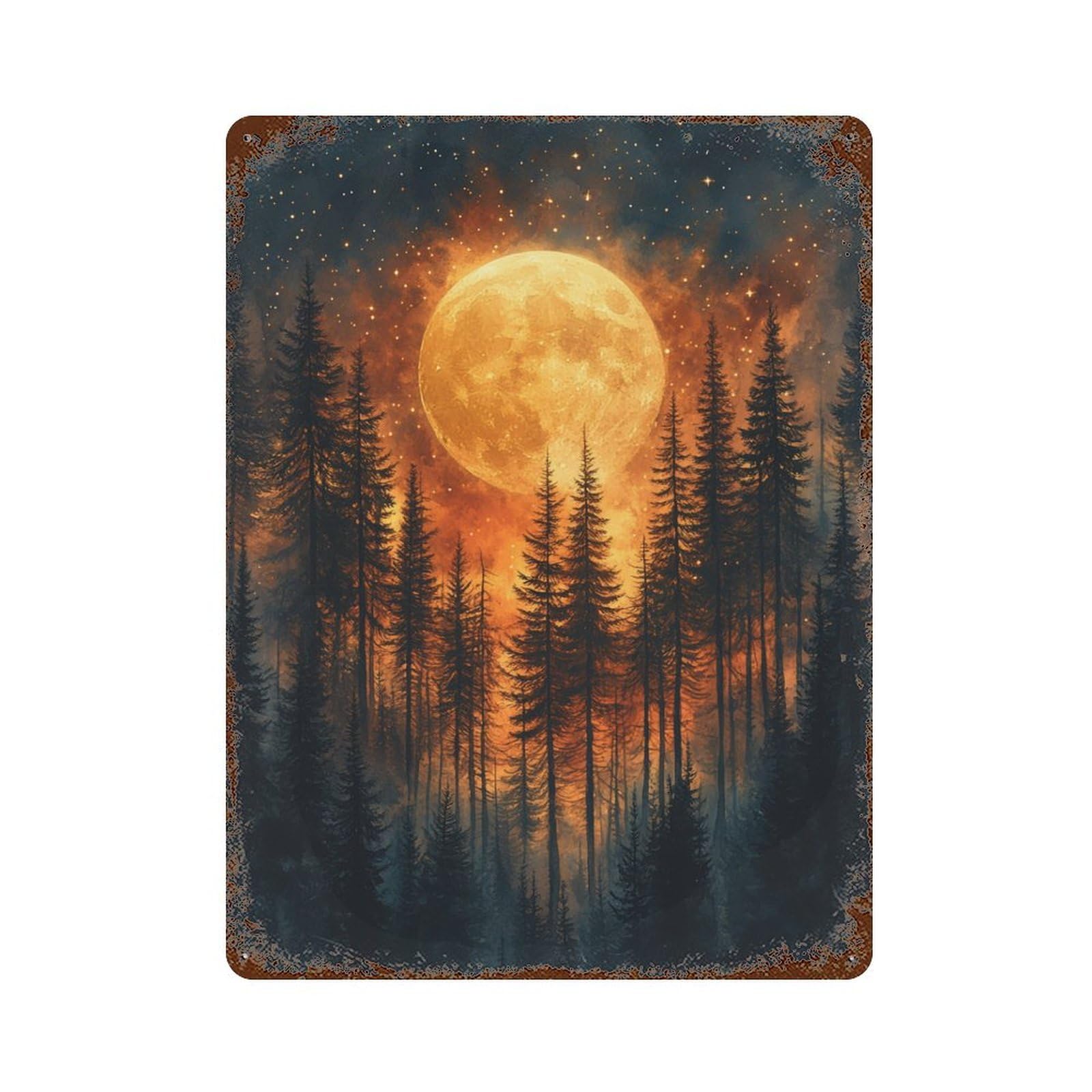 Moonlit Forest Night Scene Retro Metal Sign 15.7"x11.8", Vintage Wall Decor for Office, Studio And Wall Decor
