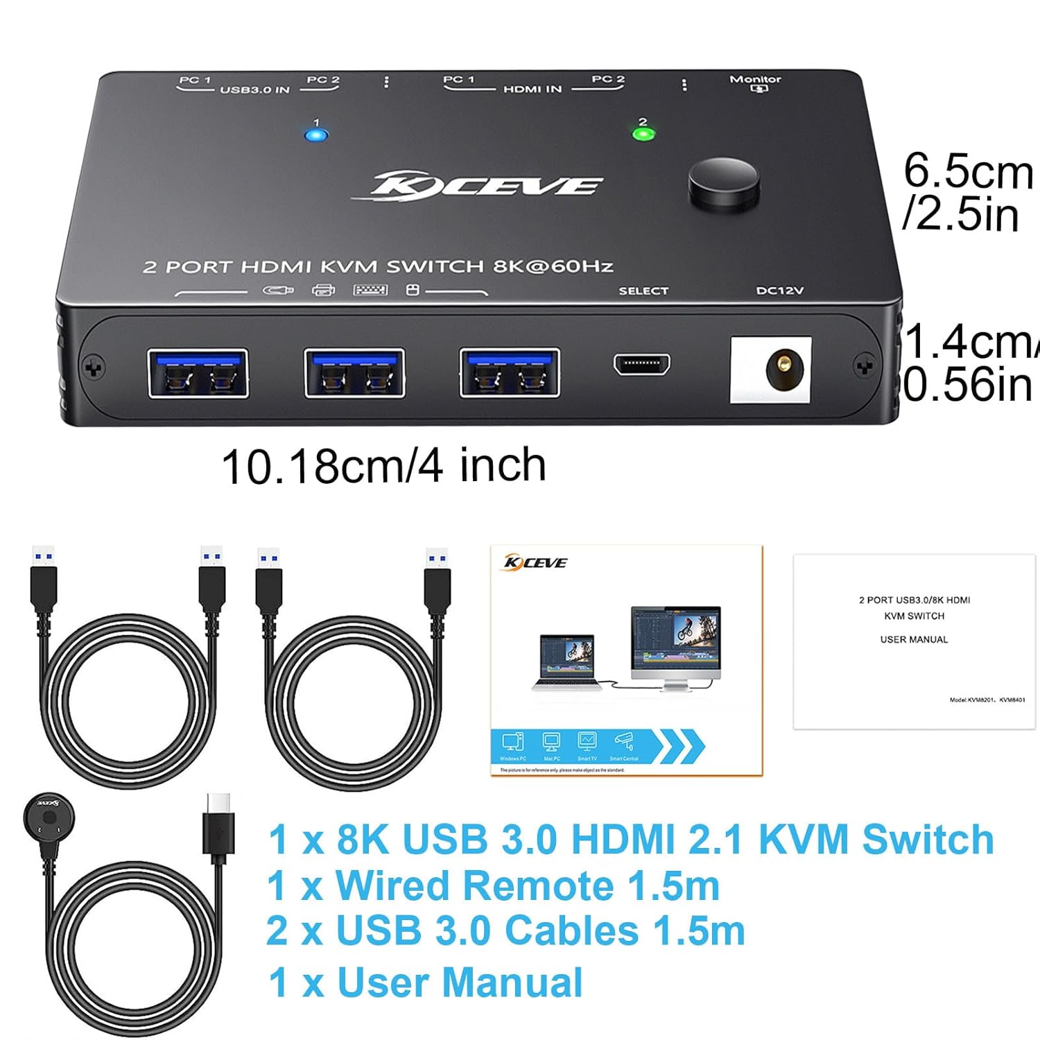 KVM Switch Dimensions and Included Accessories