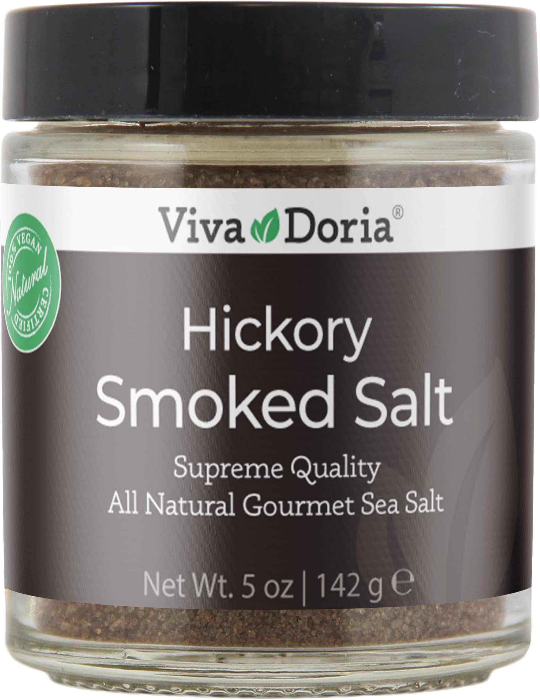 Hickory Smoked Sea Salt, Fine Grain, Hickorywood Smoked Salt, 142g Glass Jar