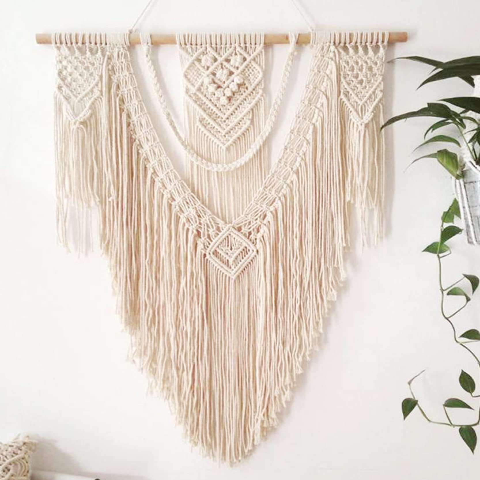 WABMJGW Handgefertigter Makramee-Wandbehang, Boho-Dekor, Makramee-Wandteppich, natürliches Baumwollseil, Makramee-gewebter Wandteppich, Kunsthintergrund, Heimdekoration, Beige, 90 x 100 cm