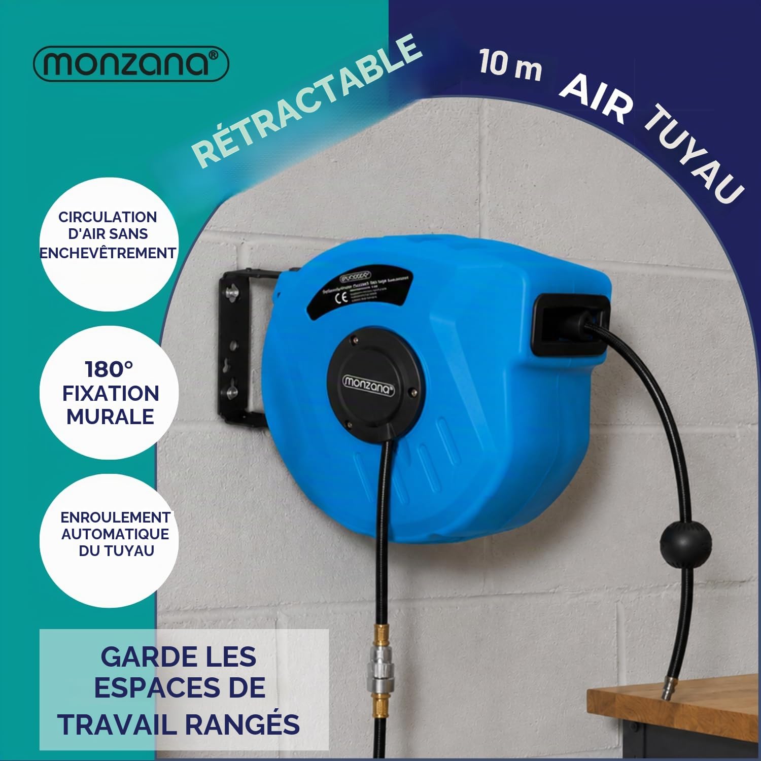 MONZANA® Enrouleur automatique de tuyau à air comprimé 10m+1m 12 bar raccord 1/4' Ø12mm dévidoir air comprimé tuyau pneumatique outil support mural 180°