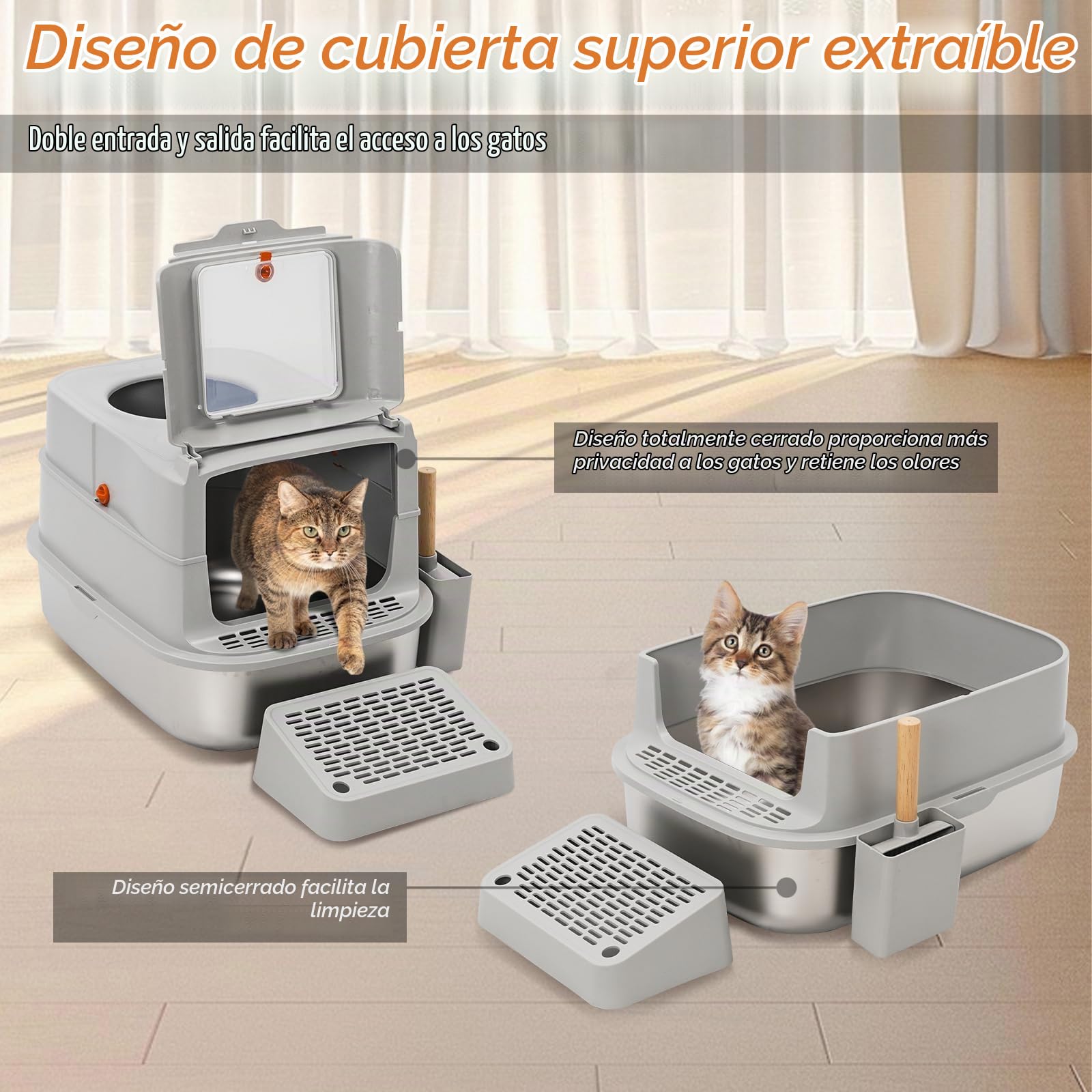 Arenero para Gatos con Cubierto,Extraíble Arenero Gato Acero Inoxidable,Arenero Gato Cubierto con Pala y Pedal,para Varios Tipos de Gatos,Gris