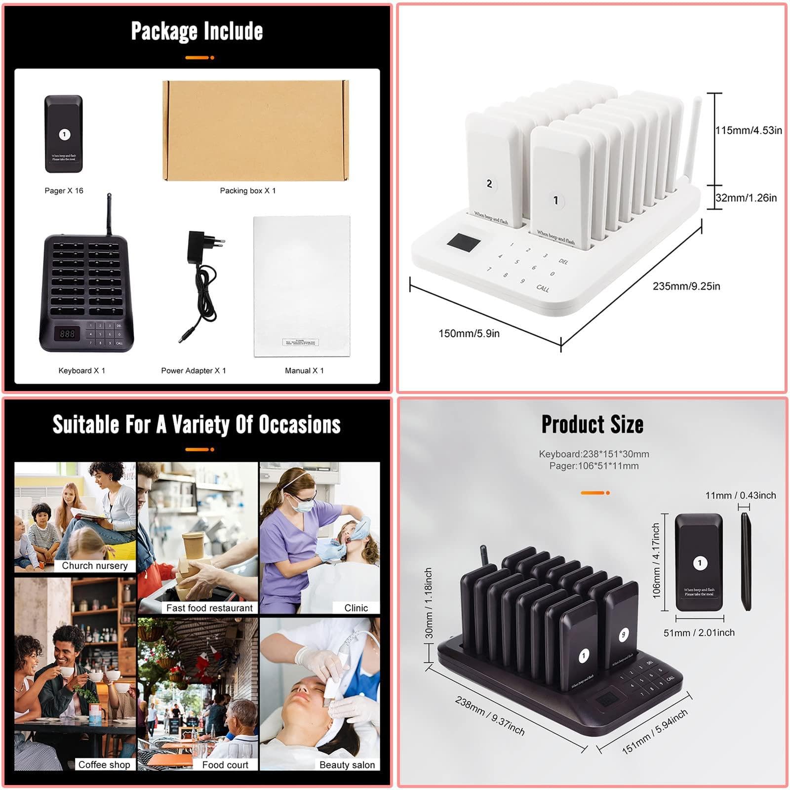Bezprzewodowy System PrzywołAwczy Dalekiego ZasięGu W Restauracji, 2 Tryby MonitóW (Flash/Flash + Beep), 1 Klawiatura Do PołąCzeń Z Ekranem Dotykowym + 16 PageróW Coaster,Black