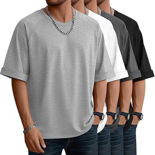 4 Pack Men's Oversized Shirts Raglan Short Sleeve V Neck