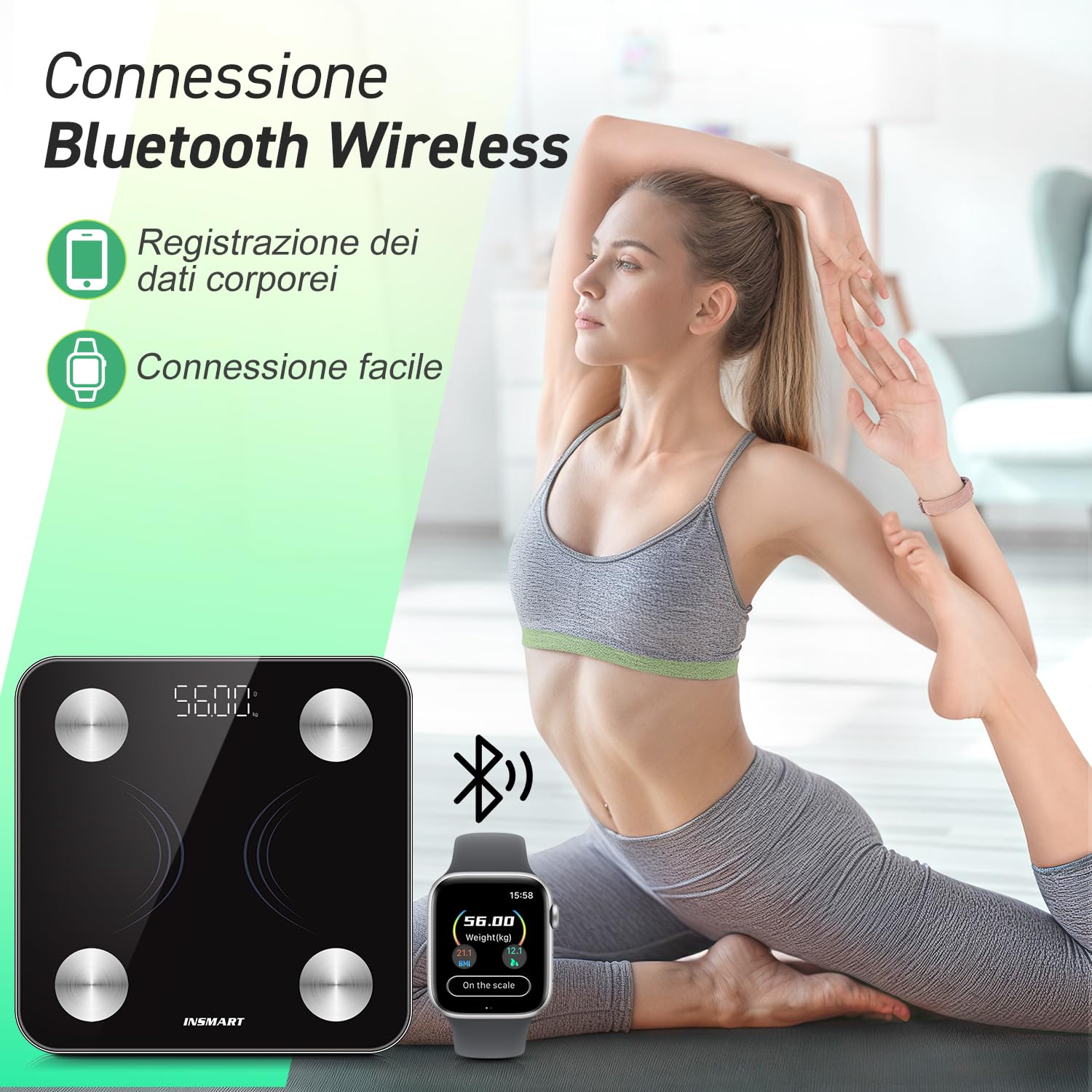 INSMART Bilancia Pesapersone Digitale Impedenziometrica Professionale: Pesa Persone Elettronica Precisa con Bioimpedenziometro,Misura Massa Magra e Grassa,Funzione e Tecnologia Smart per il Benessere