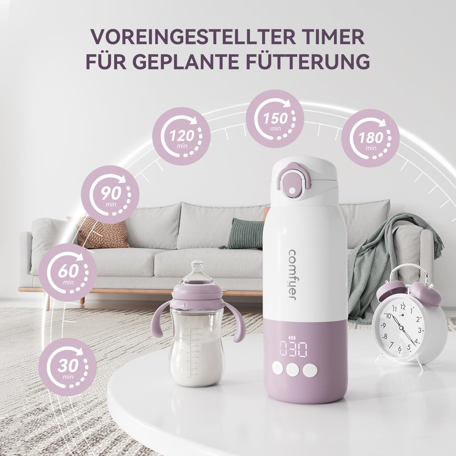 Tragbarer Flaschenwärmer unterwegs für Baby,Schnelles Aufheizen und Lange Akkulaufzeit 12000mAh, Zwei Heizmodi für Muttermilch und Wasser, 340ml Kapazität, für Auto-und Flugzeugreisen