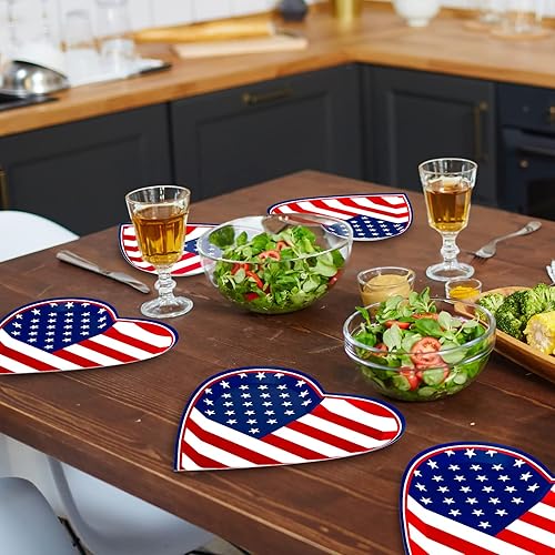 Miniatura 5 de Platos de fiesta del 4 de julio, 50 platos a granel del Día de la Independencia con forma de corazón patriótico para fiesta del 4 de julio, día