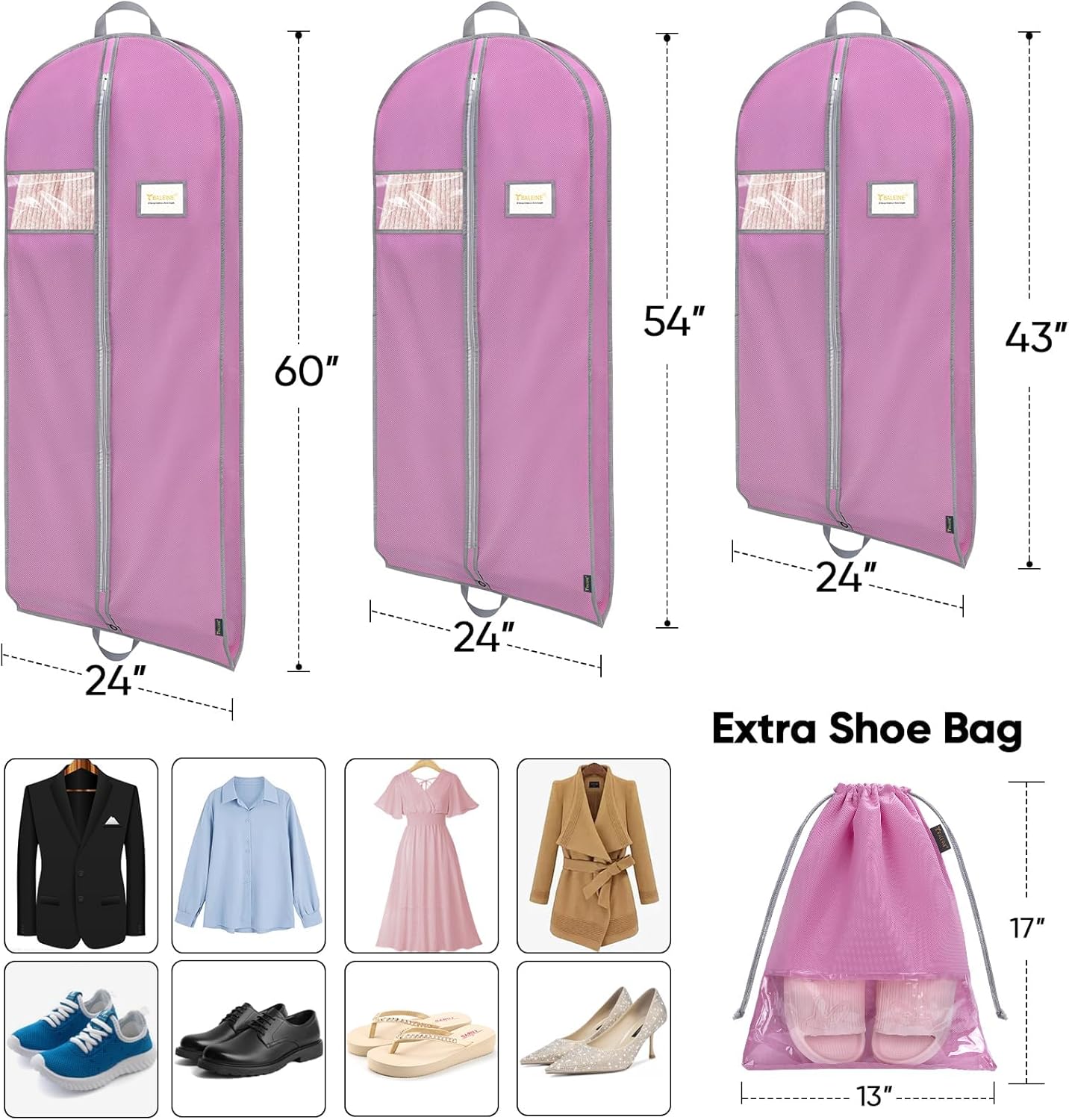 BALEINE 1PK Heavy Duty Garment Bag with Shoe Storage Travel Bag for Dresses, Suit, Coats Travel Essential (43", Pink) - Image 2
