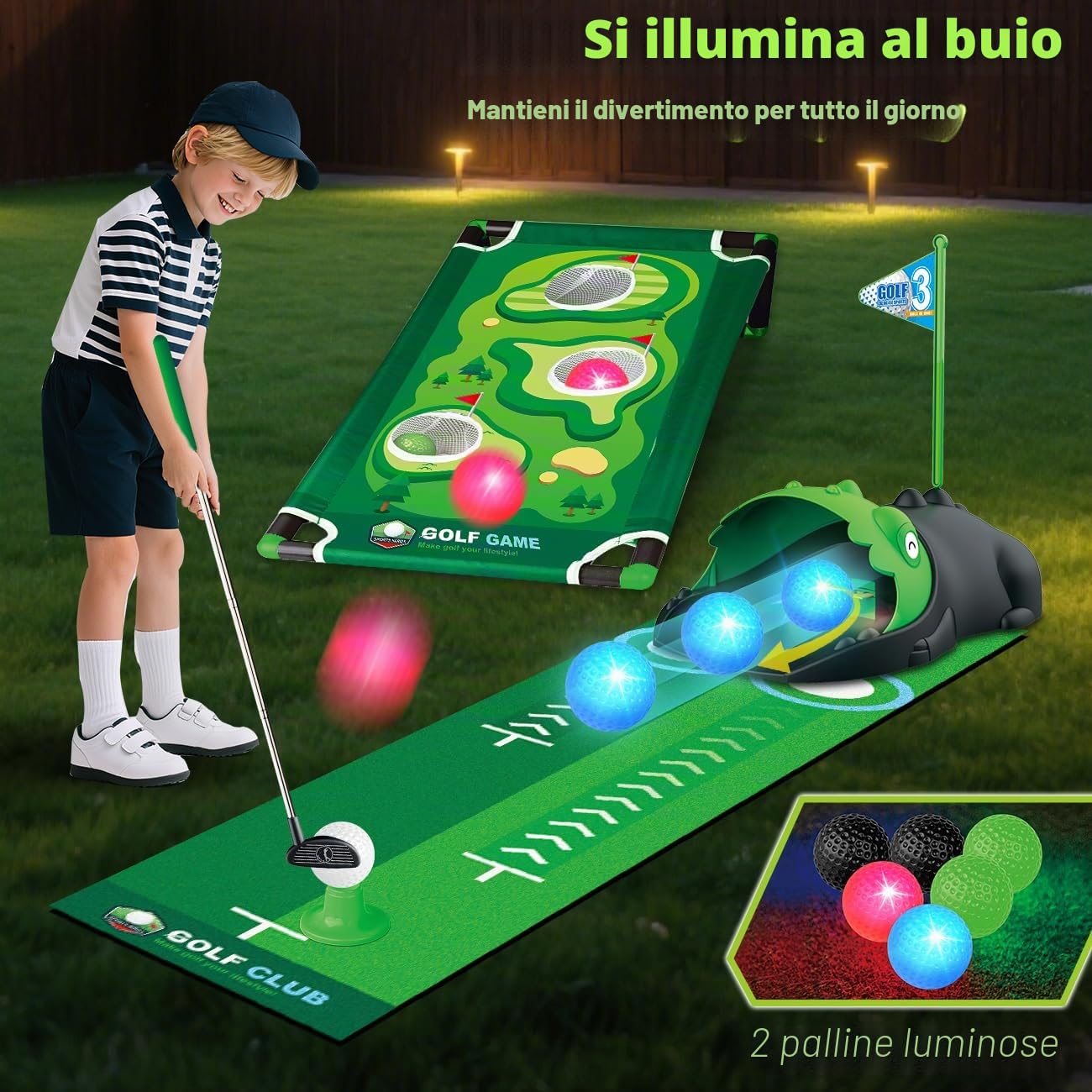 TERRAMUS Set da Golf 3 in 1 per Bambini con Ritorno Automatico Golf Dinosaursco, Tavolo da Golf Cornhole,Palline Luminose al LED,Tappeto per Il Putting,Mini Giochi di Golf,Regalo per Bambini 3-8 Anni
